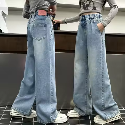 Brief Style Kids Retro Blue Washed Wide Leg Jeans for Girl Fashion Streetwear Loose Casual High Wais