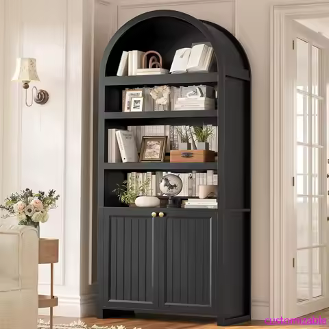 81" Tall Arched Bookcase with Door, Adjustable Shelves & Storage for Living Room, Kitchen, Home Offi