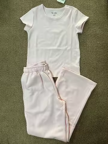 Pink Cotton T-shirt Pants Set Women Short Sleeve Slim Tees+Casual Straight Sweatpant Solid Vintage S