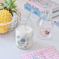 (Free Straw) Happy Daily Water Glass Jug-Shaped Clear Coffee Cup Cute Printed Cafe 71034