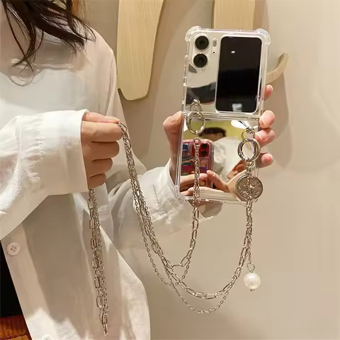 Korean Crossbody Lanyard Sliver Metal Beads Bracelet Mirror Case for OPPO Find N2 FLIP findn2 flip F