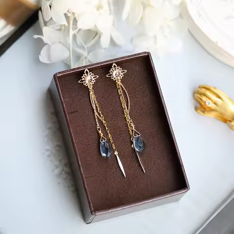 LAMOON 925 Sterling Silver Drop Earring Set For Women Vintage Snow London Blue Stone 14K Gold Plated