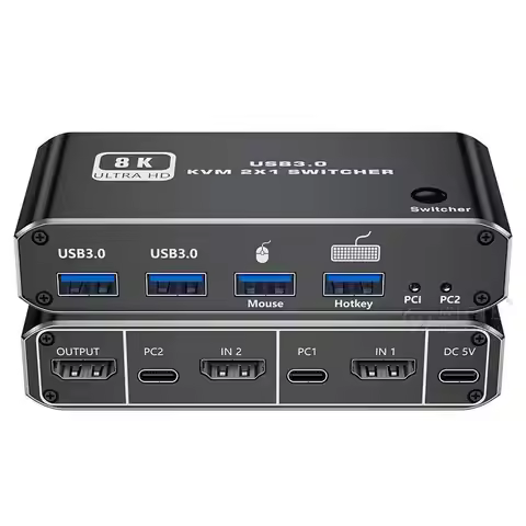8K 2.1 KVM Switcher, 2 IN 1 Out, 2 USB 3.0 Ports for 1 Monitor 2 Computers, 8K@60Hz, 2X1 Switcher wi