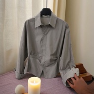 Aiyiyiyi Long-Sleeved Shirt Top Medium Large Size S-3XL Narrow-Waist Design Feel Back Pleated Women 