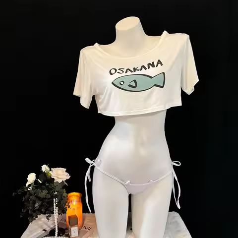 Cute Summer Casual T-Shirt Crops Tops Underwear 40hara Kinako Cat Necklace Nightwear Hot Anime Kinak