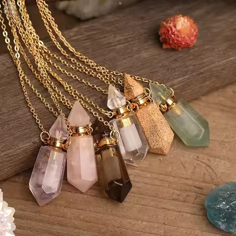 Natural Stone Faceted Prism Perfume Bottle Pendants Necklace Cut Hexagon Points Crystal Essential Oi