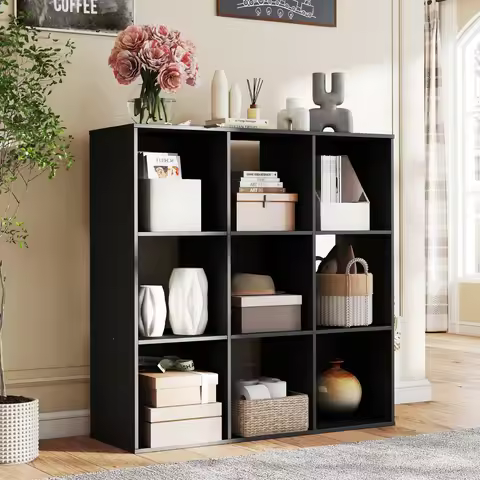 JHK 9 Cube Storage Organizer Wooden Shelf Bookcase Open Bookshelf for Living Room and Home Office Di