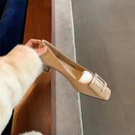 Giày cao gót nữ huilm giày bít mũi tròn sành ăn giày lười cao gót da gót Chunky có nơ cỡ 35-40