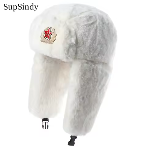 SupSindy Winter Women Soviet Badge Bomber Hat Warm Faux Rabbit Fur Pilot Ushanka Windproof Thermal E