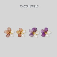 CACO Freshwater Baroque Pearl Earrings Strawberry Quartz Amethyst Crystal "Hibiscus" 14K Gold Plated