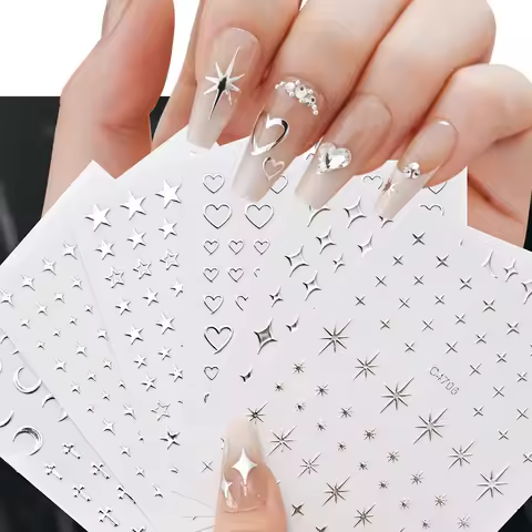 6Pcs/set Metal Mirror Silver Star Nail Art Sticker Bronzing Sun/Moon/Star Nail Decal Self-Adhesive L