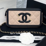 Chanel 香奈兒 mini 相機包 27開 經典米黃色拼黑色 荔枝牛皮