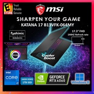 MSI LAPTOP Katana 17 GAMING B13VFK-064MY (I7-13620H/16GB OR 32GB DDR5/1TB/17.3" FHD 144HZ /RTX4060 8GB/W11/BAG/2Y)