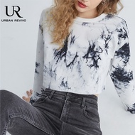 URBAN REVIVO Womens Spring Tie Dye Crop Sweatshirt Long Sleeve T-shirt Casual Loose T-Shirt