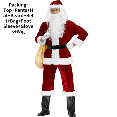 M-3XL Men Adult Father Christmas Santa Cosplay Costumes Sets 9pcs/set Santa Claus Xmas Cosplay Cloth