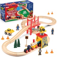 Wooden Train Set Toddler Toys - 38 Pcs Wood Train Track Set for Toddlers 2-4 Years with Crane, Bridg