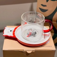 Starbucks Mid-Autumn Christmas Cup Embossed Glass Coffee Mug Office Cup Plate Cute Polar Bear Cup Saucer-----Donghua Preferred Store XQYL