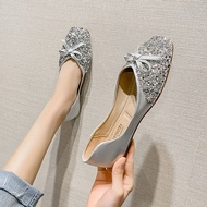 goldsilver glitter flat shoes woman bowtie ballet flats square toe slip on loafers new spring shallow mouth mules big size 43