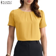 ZANZEA Women's Casual Round Neck Split Back Neck Pleated Short Sleeve Blouse