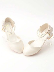 女孩白色珍珠單鞋,公主風格高跟鞋,適用於春秋季,適合兒童禮服