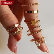 HOTWIND 8pcs/set Gold Star Leaf Pearl Rings Personalized Fashionable Rings Set Alloy Rings Women Jew
