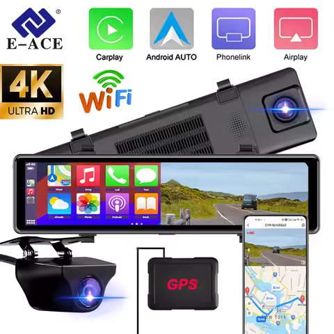 E-ACE 4K Dash Cam 12Inch Car Mirror Video Player Wireless Carplay Android Auto Support WIFI GPS Rear
