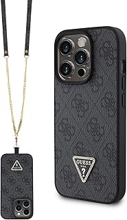 GUESS PU Leather Metal Logo Strass Crossbody Strap Phone Case for iPhone 15 Pro (Black)