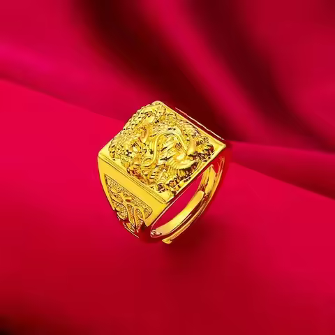 24K gold, AU999 men's solid gold dragon ring, bold open mouth, fashionable and elegant man