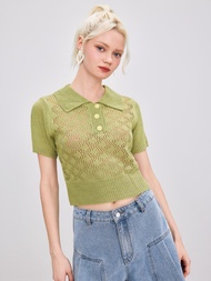 Cider Knitted Solid Polo Hollow Out Crop Short Sleeve Top