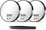 Magnifying Mirror 20X&30X&40X 3Packs with Tweezer and Suction Cups Set, 3.5 Inches Compact Travel Ma