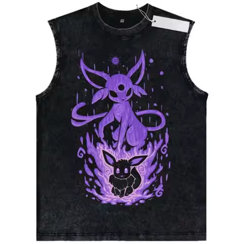 Unisex Black Washed Vintage Tank Top Pokemon Eevee Umbreon Evolution Purple Aura High - Quality Fabr