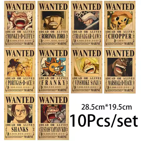 10Pcs Anime One Piece Luffy Wanted Vintage Posters Set for Room Wall Decoration Cartoons Zoro Wanted