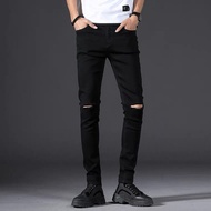 【CW】Skinny Jeans Men 2021 New Male Black Knee Ripped Hole Little Feet Pants Elasticity Slimming Hip Hop Denim Trousers