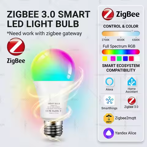 Zigbee 3.0 Smart LED Bulb E27 RGBCW Dimmable Light 2700-6500K Lamp Works with Alexa Echo Zigbee2MQTT