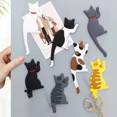 Cute Cat Design Refrigerator Magnetic Hook, Kawaii Refrigerator Sticker, Punch-free Magnet Hook, Mag