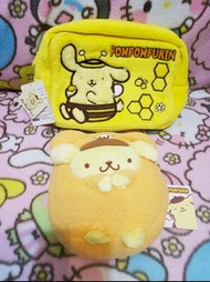(全圖$150) 17年 絕版日本景品 sega 表情 Sanrio 開心快樂的布甸狗布丁狗 pompompurin 黃色蜜蜂變裝毛毛化粧袋萬用袋+furyu 橙色厚料毛公仔袋