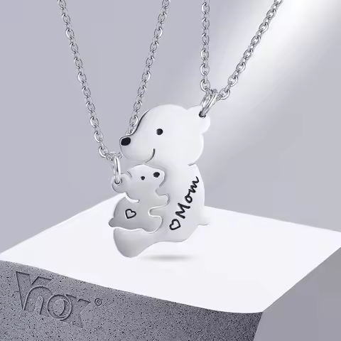 Vnox Bear Necklaces for Women, Stainless Steel Mom Daughter Son Bear Pendants Set, Mother's Day Birt