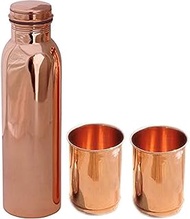 Sainio Pure Copper 1 Litre Water Bottle with 2 Copper Glass Drinkware Gift Set (1000 ML Bottle, 300 ML Glass)