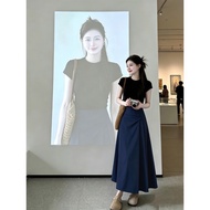 Navy Blue Irregular a-Line Skirt Suit Small Pear Shape Body Berkeley Long Skirt Summer Wear