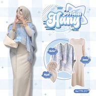 One Set of Teenage Hijab Outer Arwen biru combined with Inner Dress Hijab Bella Square OOTD Outer Tr