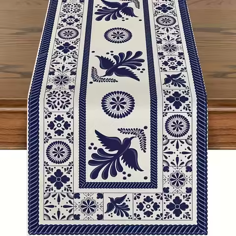 1 Piece of Mexican-Style Flower and Bird Table Runner, Painted with Dark Blue Traditional Patterns o