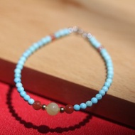 天然原礦極細小珠綠松石搭配蜜蠟南紅單圈手鏈高瓷藍圓珠手串