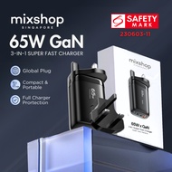 mixshop 65W GaN PD Super Fast Charger with UK/US Plugs/Multi Plug Travel Adapter/2 Type C+1 USB
