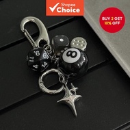 Magic 8 Ball Dice Keychain, Y2K Pool Ball Star Keychain for Men, Black Lucky Dice Silver Heart Bag C