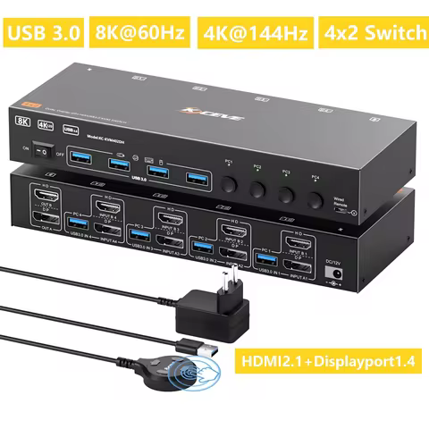 USB 3.0 KVM Switch 2 Monitors 4/3/2 PC,8K 4K DisplayPort+HDMI KVM Switch for 4/3/2 Computers Share D