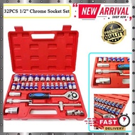 32pcs 1/2" Inch Drive Chrome Socket Set Ratchet Set Spanner Box Spanner Set (Chrome Colour Socket Bl