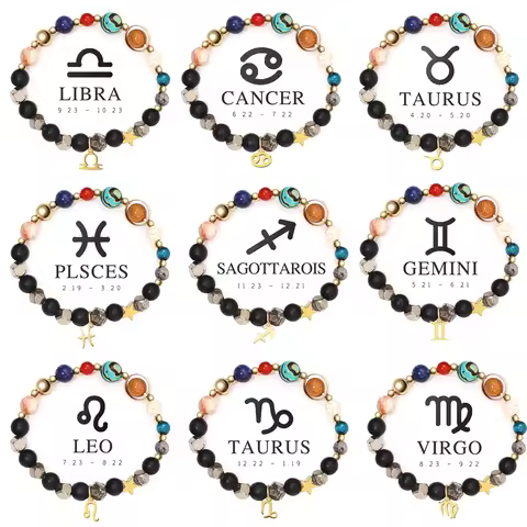 Bestselling Twelve Zodiac Bracelets Matte Black Stone Pyrite Bracelet Aries Taurus Aquarius Capricor