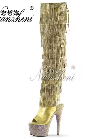 Gold Gothic Stripper Heels Over The Knee Boots 7Inch Fringe Rhinestone High Heels Exotic Dancer 17cm