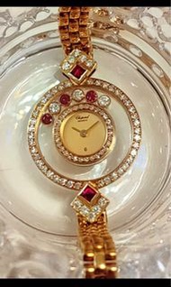 Chopard 18k yellow gold pigeon blood Ruby happy diamond watch 蕭邦18k黃金鴨血紅寶快樂鑽石手錶