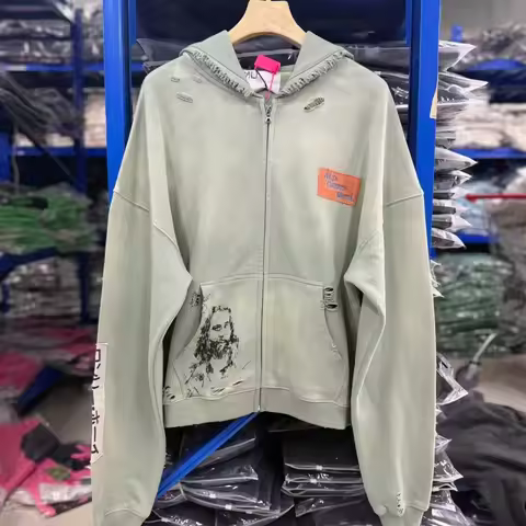 Retro Destroyed Zip Hoodie Alta Cienega Motel Embroidery Patch Streetwear